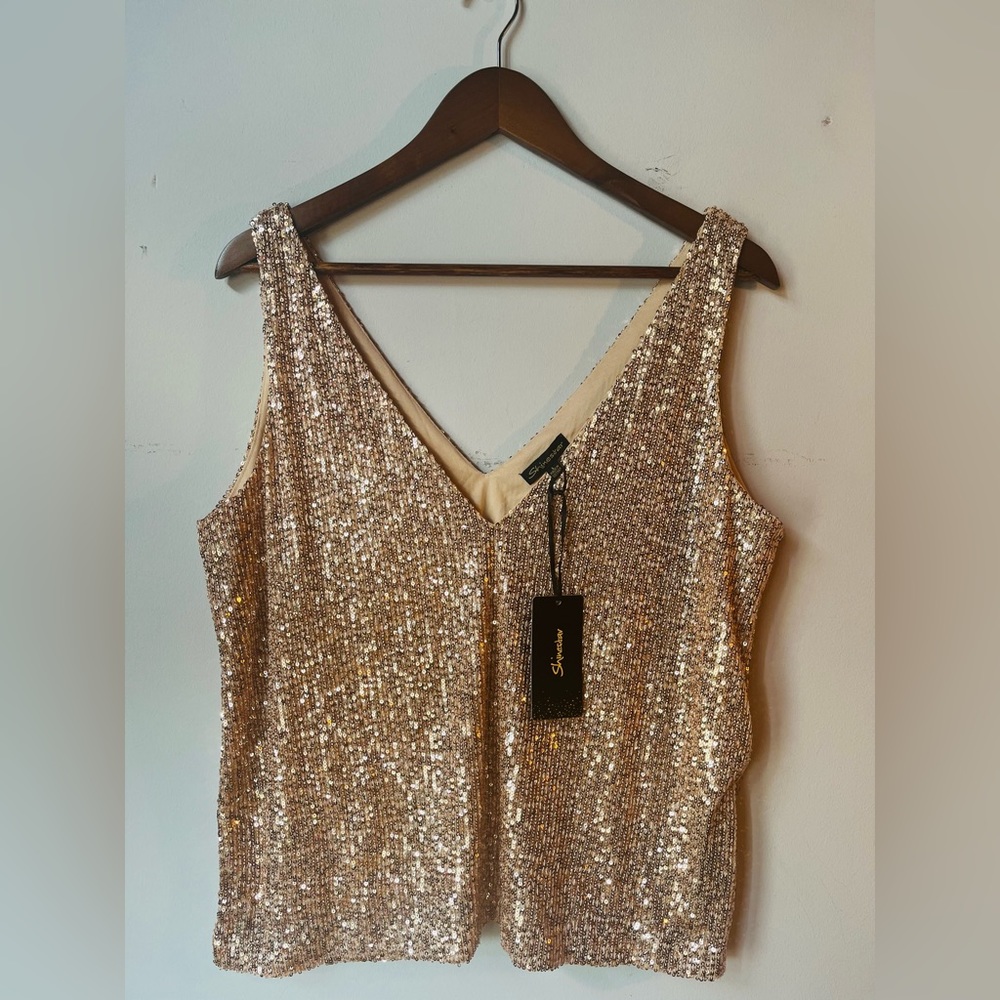 NWT Shinestar Sleeveless Sequin V-Neck Tank, Gold, L